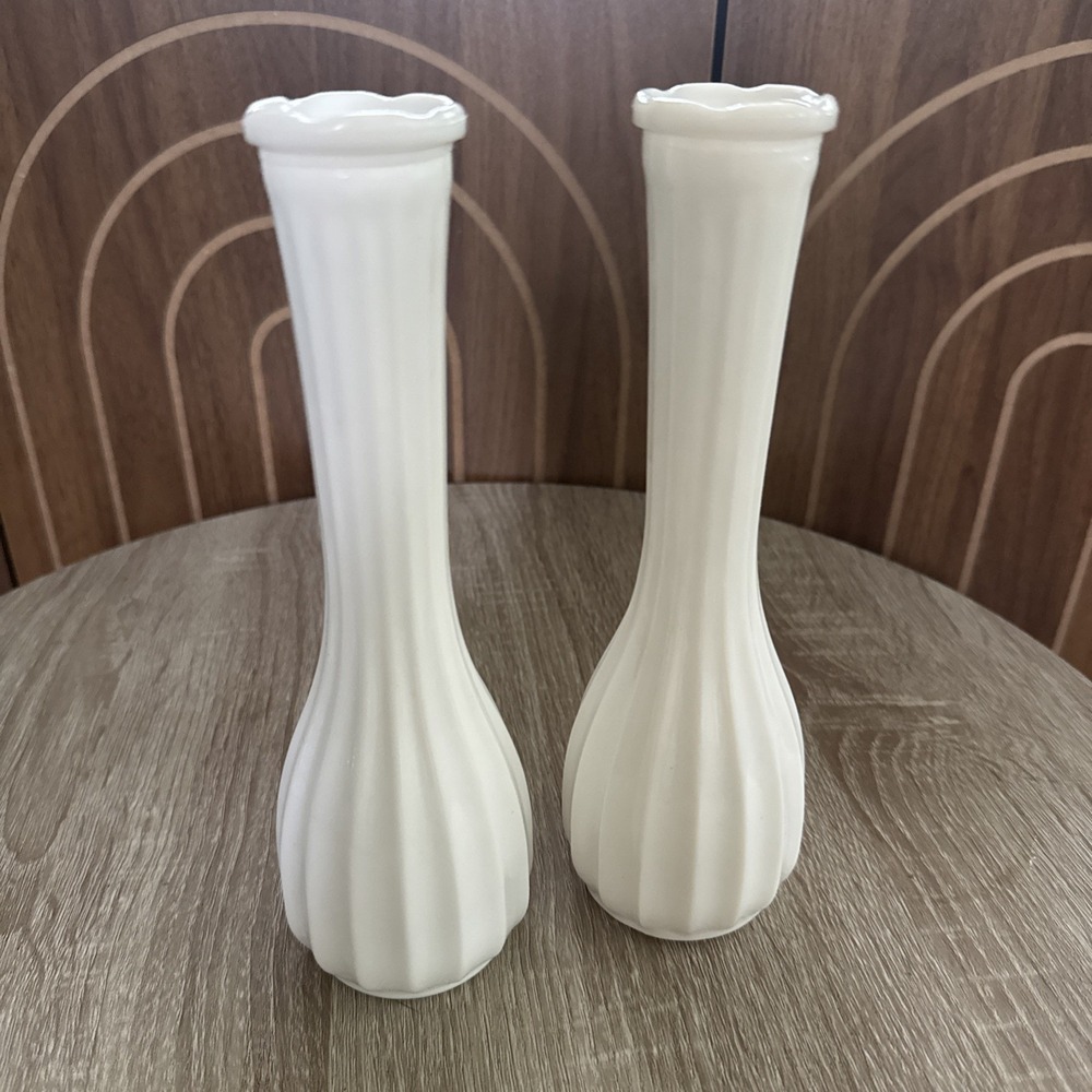 Vintage Set of 2 CLG Co. White Milk Glass Ribbed Flower Bud Vases